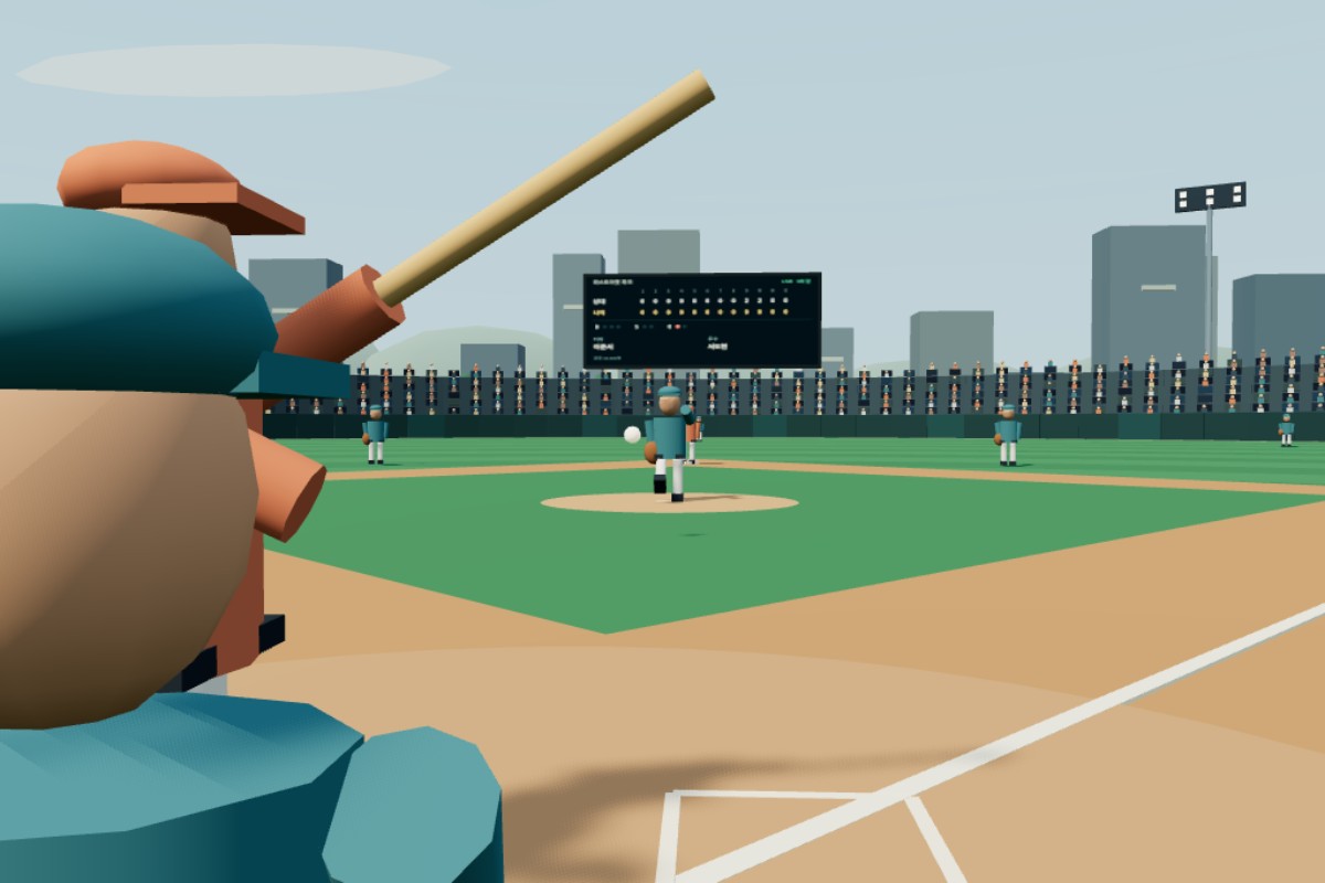 타자 뒤쪽에서 바라본 3D 구장과 날아오는 공